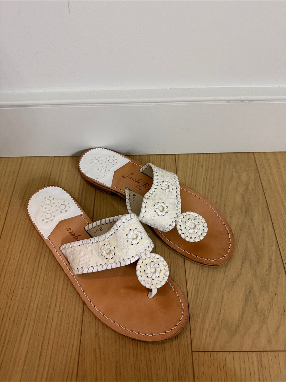 Jack Rogers White Braided Leather Thong Sandals